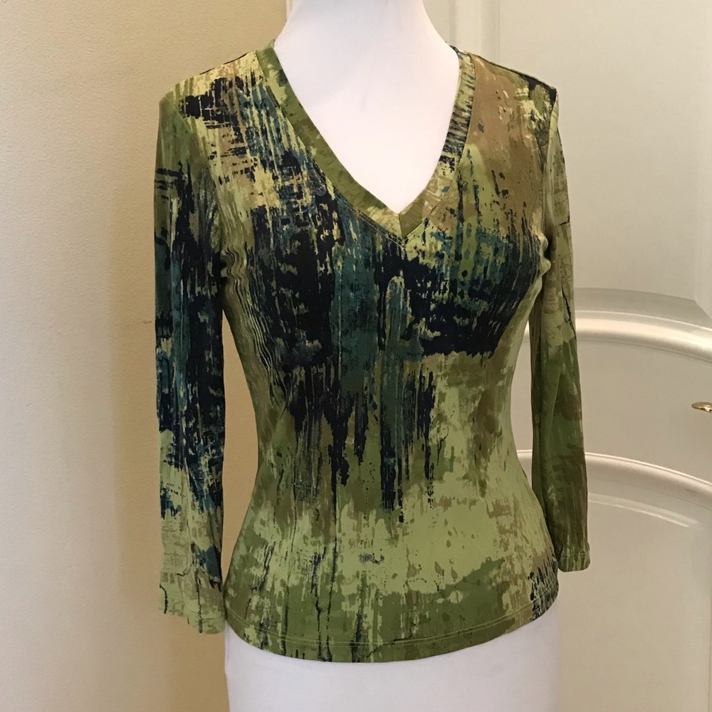 David Meister knit green print top